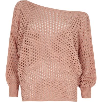 Pink mesh knit off shoulder batwing jumper